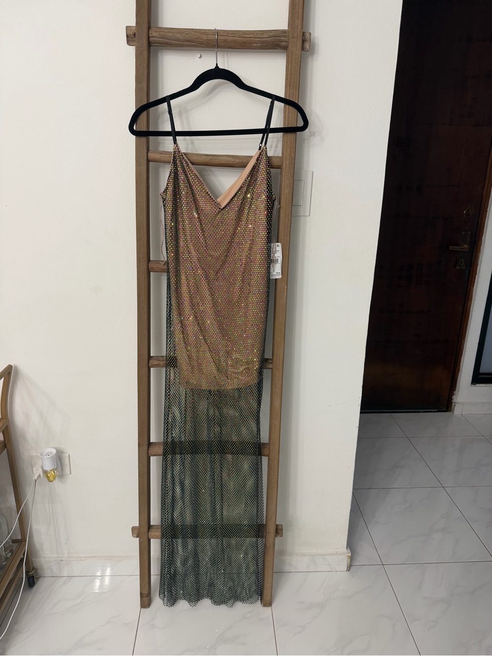 Adrianna Papell Gold Sequin & Black Mesh Maxi Dress